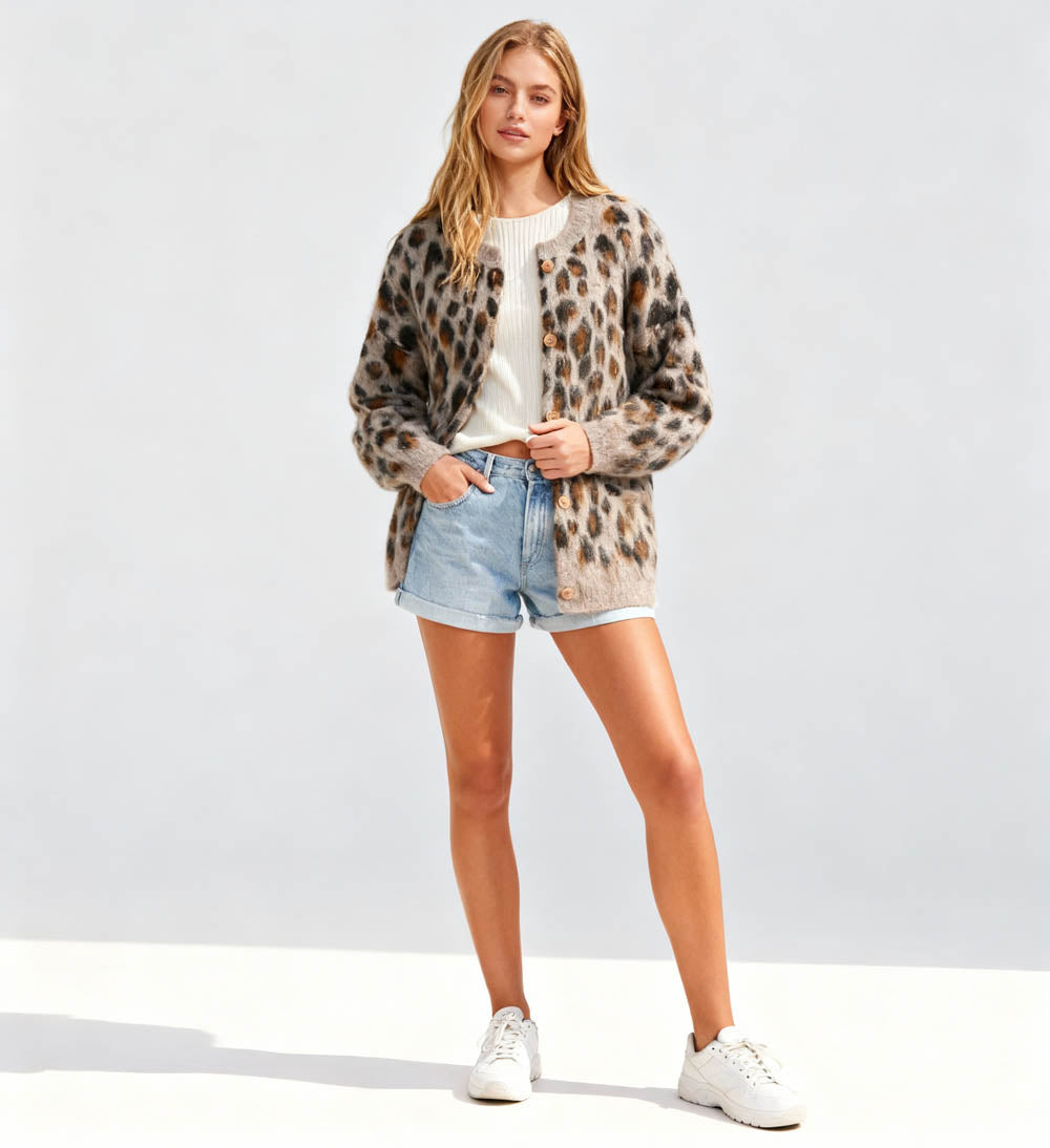 Cherie Code Women’s Leopard Print Knit Cardigan – Button‑Front Round Neck Sweater with Pockets