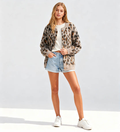 Cherie Code Women’s Leopard Print Knit Cardigan – Button‑Front Round Neck Sweater with Pockets