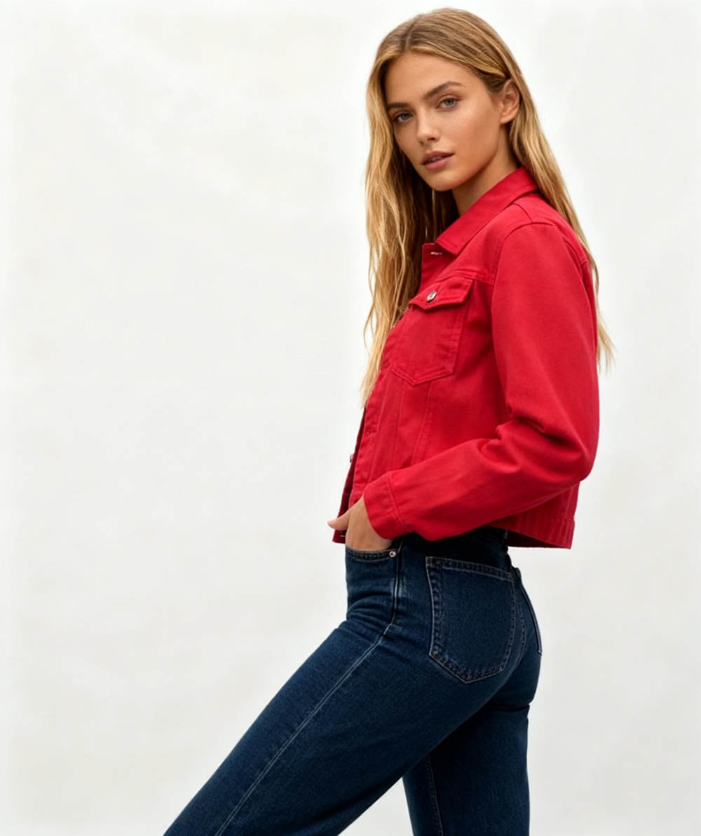 Women's Solid Color Denim Jacket with Pockets – Long Sleeve Button Front Casual Outerwear by Cherie Code