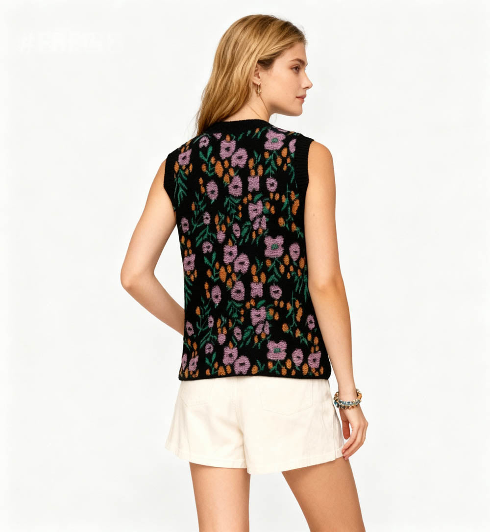 Woman Floral Knit Sleeveless Vest – 40% Acrylic Blend, Casual Fit Cherie Code
