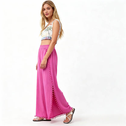 Cherie Code Women's Cotton Wide Leg Pants with Side Split and Pom Trim – Casual Fit