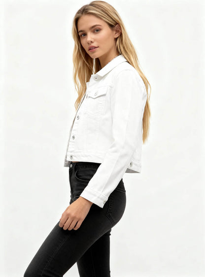 Women's Solid Color Denim Jacket with Pockets – Long Sleeve Button Front Casual Outerwear by Cherie Code