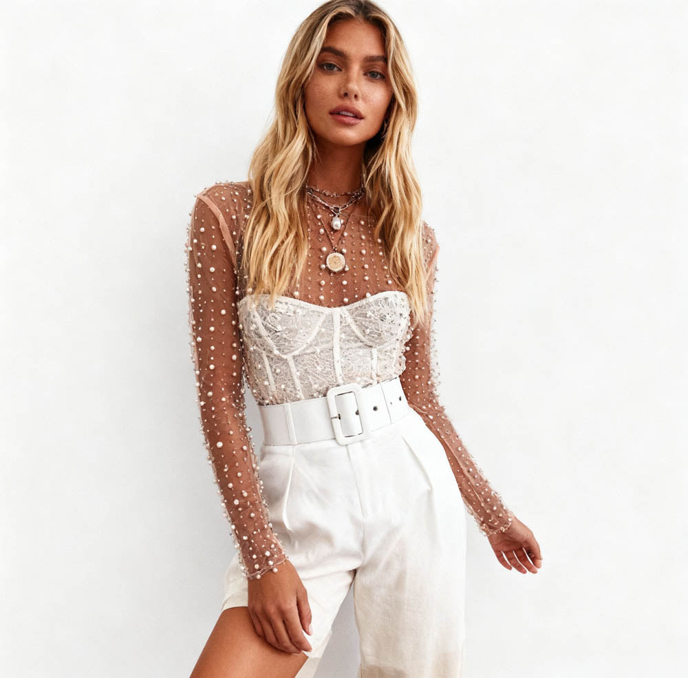 Women's Elegant Pearl & Rhinestone Sheer Top - Slim Fit Long Sleeve Layering Blouse Cherie Code