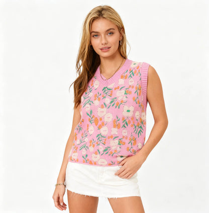 Woman Floral Knit Sleeveless Vest – 40% Acrylic Blend, Casual Fit Cherie Code