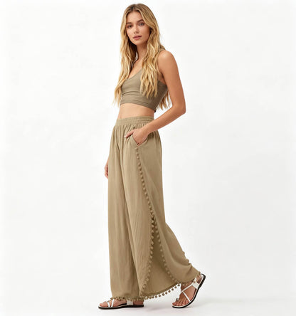 Cherie Code Women's Cotton Wide Leg Pants with Side Split and Pom Trim – Casual Fit