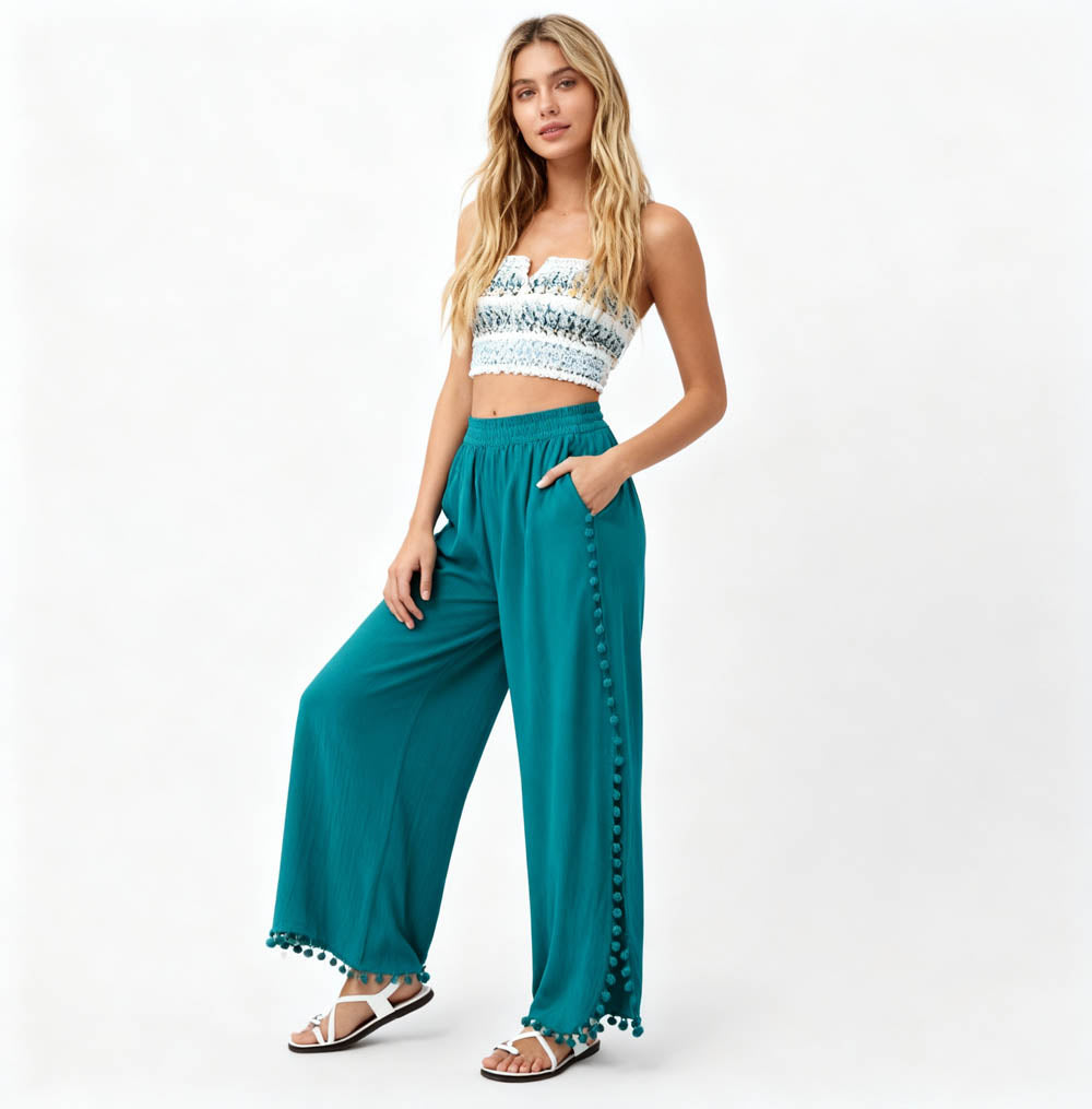 Cherie Code Women's Cotton Wide Leg Pants with Side Split and Pom Trim – Casual Fit