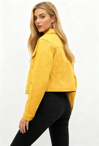 Women's Solid Color Denim Jacket with Pockets – Long Sleeve Button Front Casual Outerwear by Cherie Code
