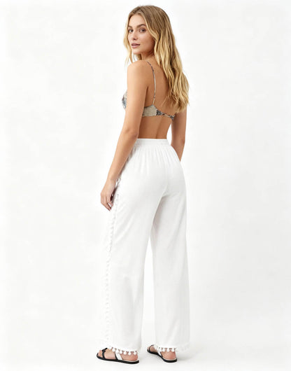 Cherie Code Women's Cotton Wide Leg Pants with Side Split and Pom Trim – Casual Fit