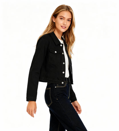 Women's Solid Color Denim Jacket with Pockets – Long Sleeve Button Front Casual Outerwear by Cherie Code