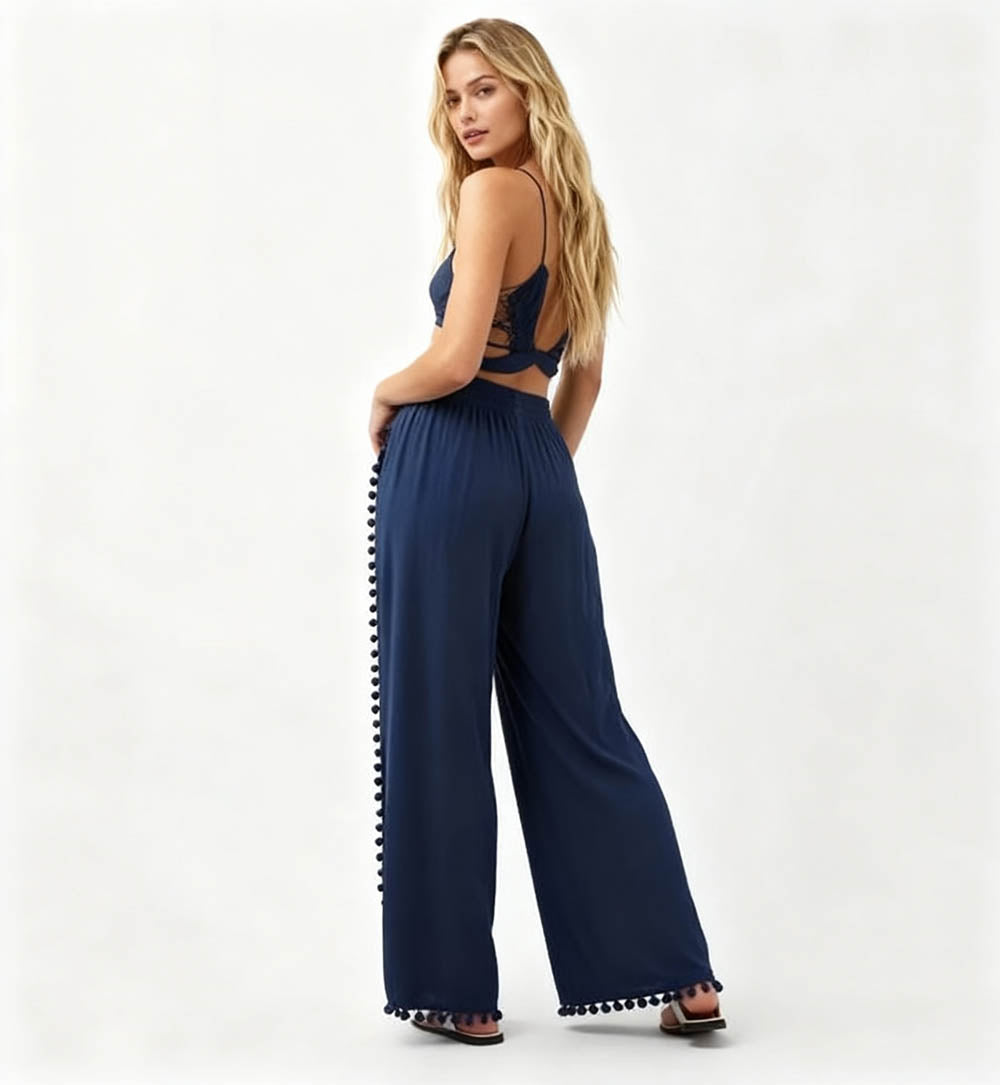 Cherie Code Women's Cotton Wide Leg Pants with Side Split and Pom Trim – Casual Fit