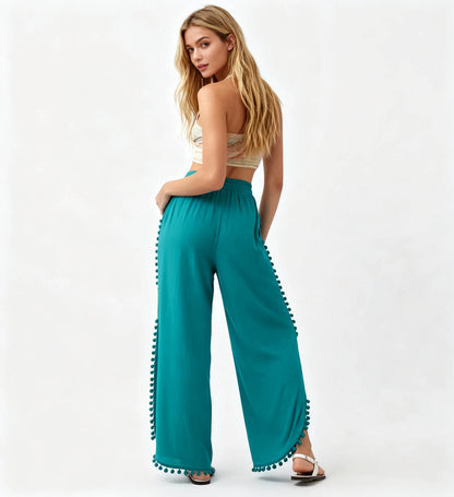 Cherie Code Women's Cotton Wide Leg Pants with Side Split and Pom Trim – Casual Fit