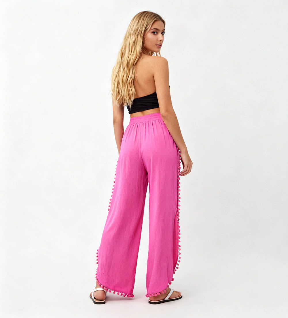 Cherie Code Women's Cotton Wide Leg Pants with Side Split and Pom Trim – Casual Fit