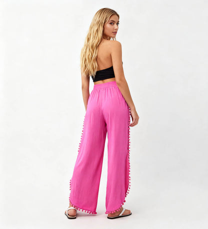 Cherie Code Women's Cotton Wide Leg Pants with Side Split and Pom Trim – Casual Fit