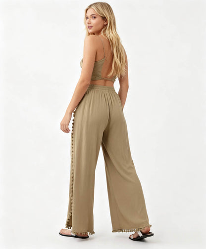 Cherie Code Women's Cotton Wide Leg Pants with Side Split and Pom Trim – Casual Fit