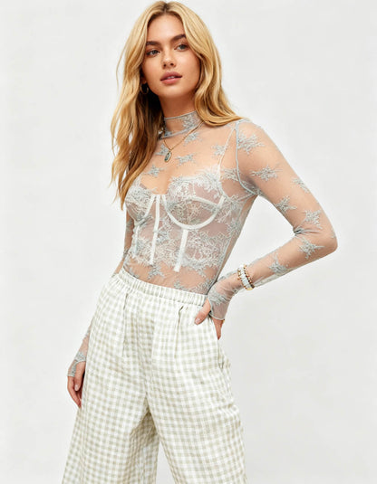 Women's Floral Lace Slim-Fit Top – Sheer Stretch Tee with Baby Overlock Edge Cherie Code