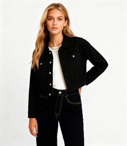 Women's Solid Color Denim Jacket with Pockets – Long Sleeve Button Front Casual Outerwear by Cherie Code