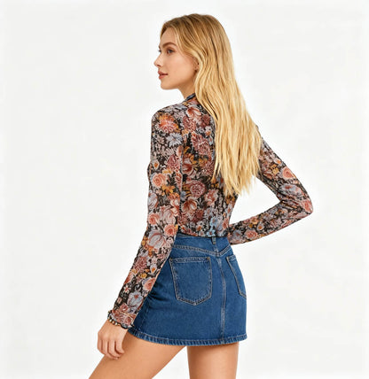 Women's Floral Mesh Long Sleeve Crop Top – Sheer Stretchy Slim Fit Turtleneck Pullover for Layering by Cherie Code