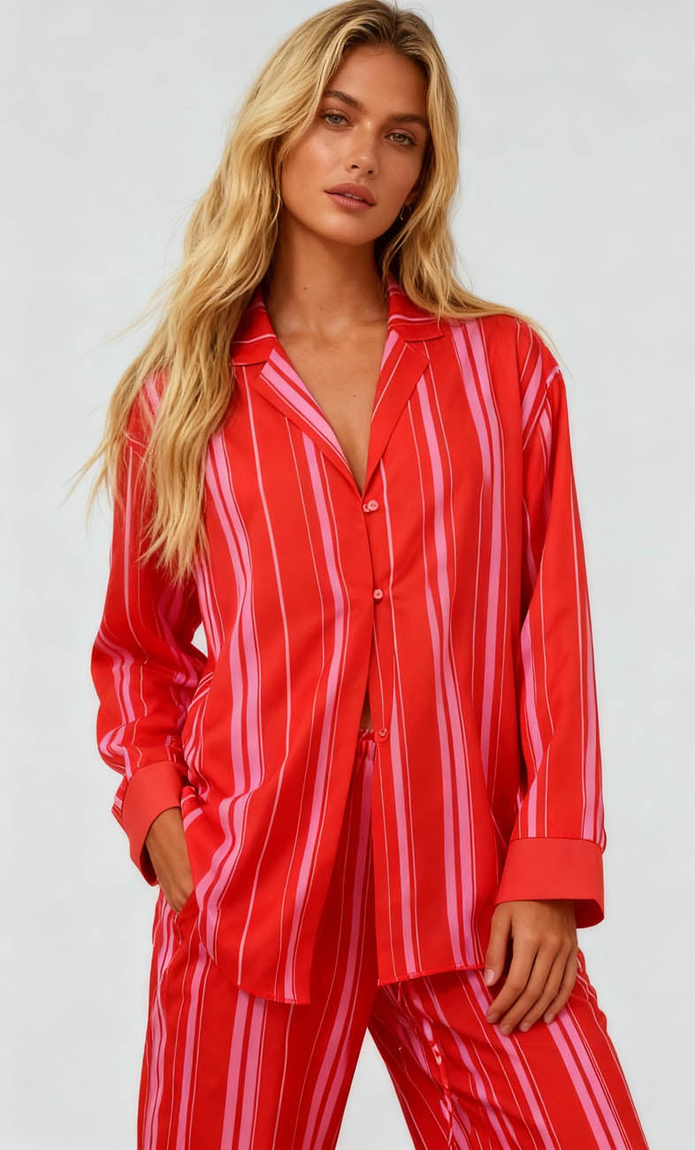 Cherie Code Women’s Striped Color‑Block Lounge Set – Button‑Front Shirt & Elastic‑Waist Wide‑Leg Pants