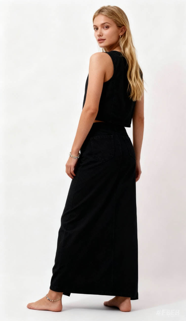 Breathable Denim Vest & Split Hem Skirt Set - Sleeveless with Button Front & Casual Fit Cherie Code