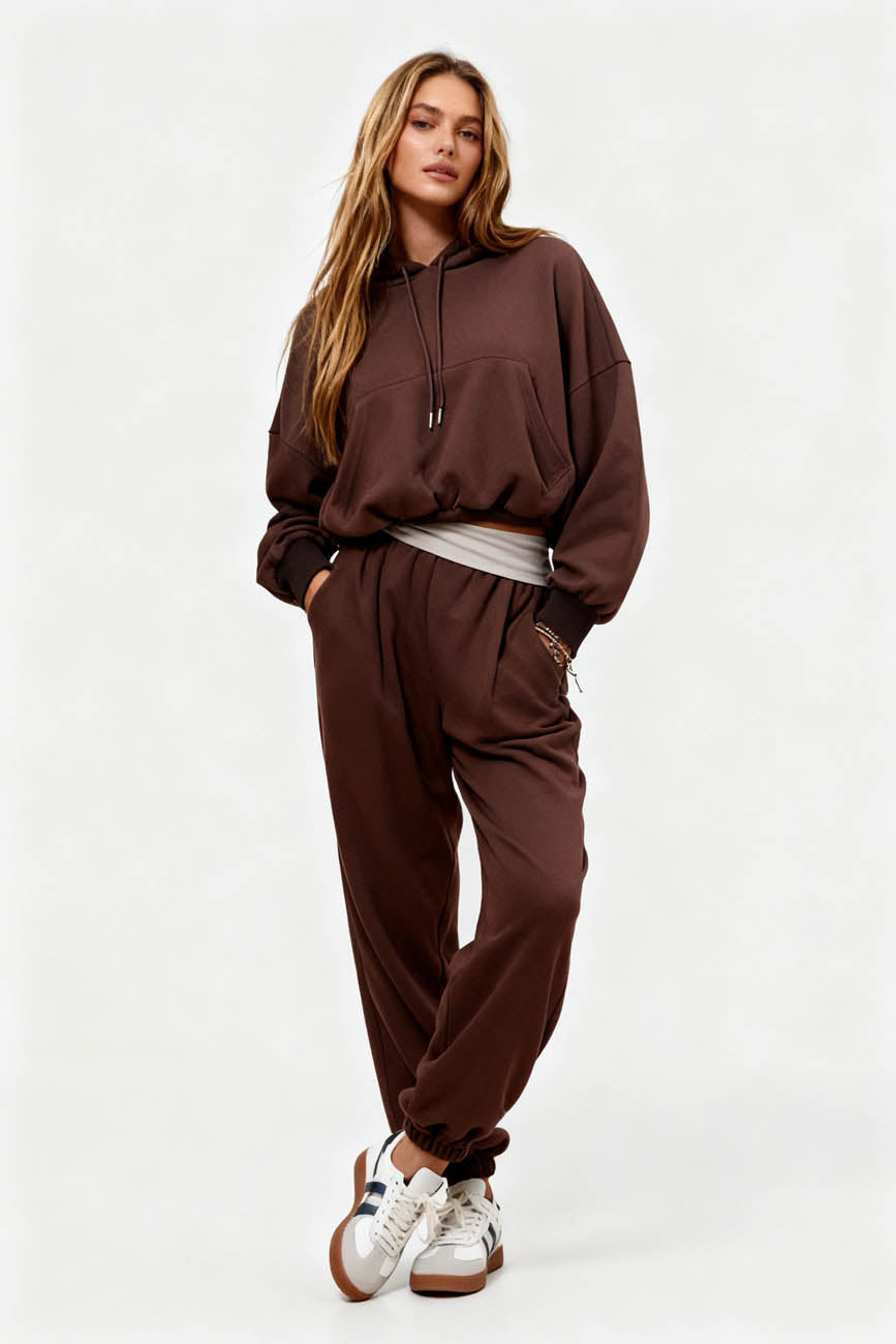 Cherie Code Women’s Brown Velour‑Lined Hoodie & Jogger Set – Pullover Hooded Sweatshirt with Elastic Waist Pants