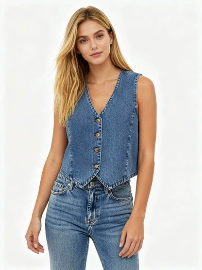 Women's Denim Sleeveless Vest - Classic Button-Up V-Neck Top Cherie Code