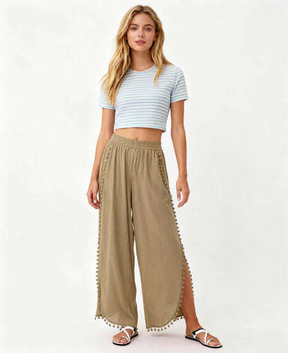 Cherie Code Women's Cotton Wide Leg Pants with Side Split and Pom Trim – Casual Fit