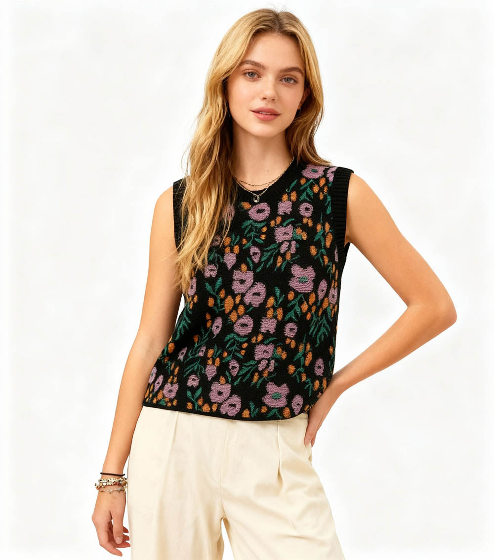 Woman Floral Knit Sleeveless Vest – 40% Acrylic Blend, Casual Fit Cherie Code