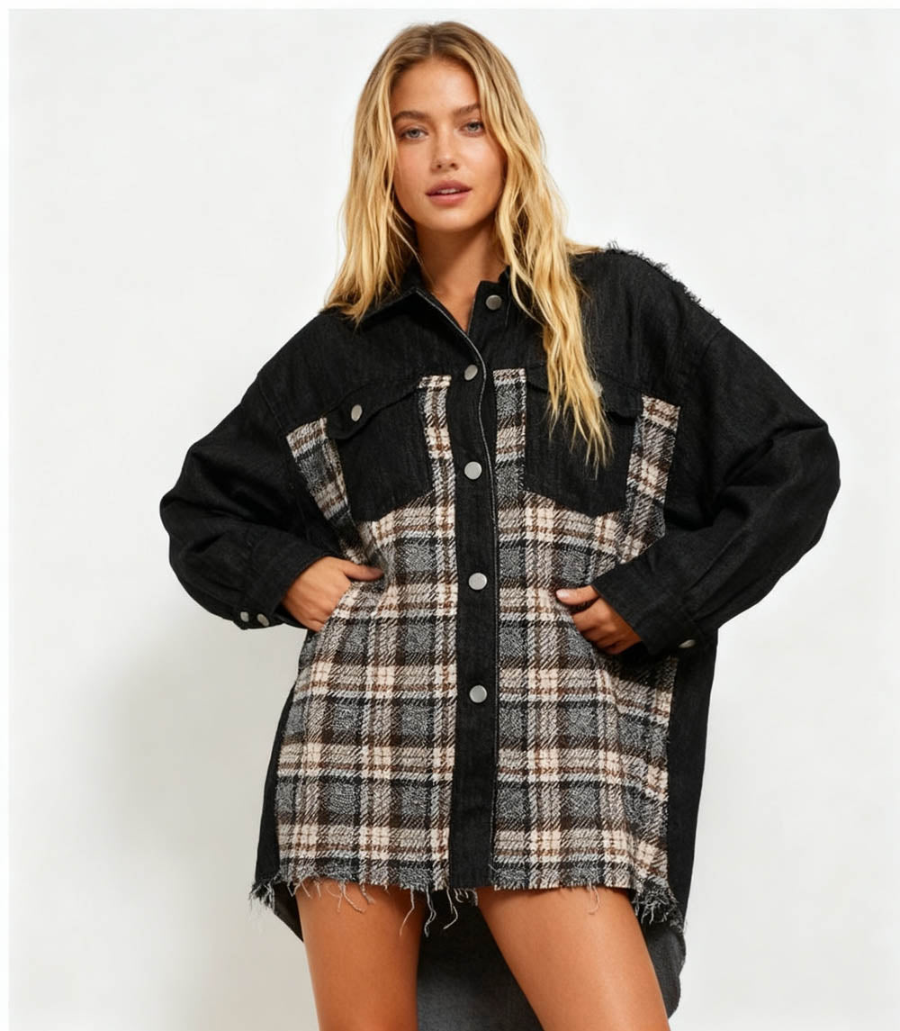 Cherie Code Women’s Patchwork Plaid Denim Jacket – Color‑Block Plaid