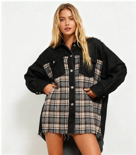 Cherie Code Women’s Patchwork Plaid Denim Jacket – Color‑Block Plaid