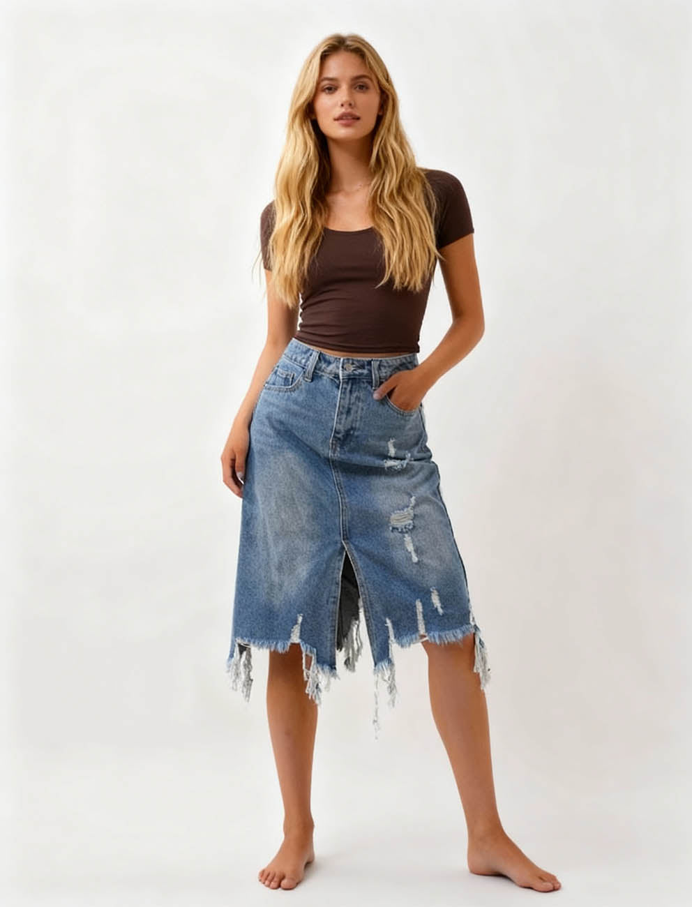 Women's Classic Distressed Denim Midi Skirt - Button & Zip Closure with Functional Pockets Cherie Code
