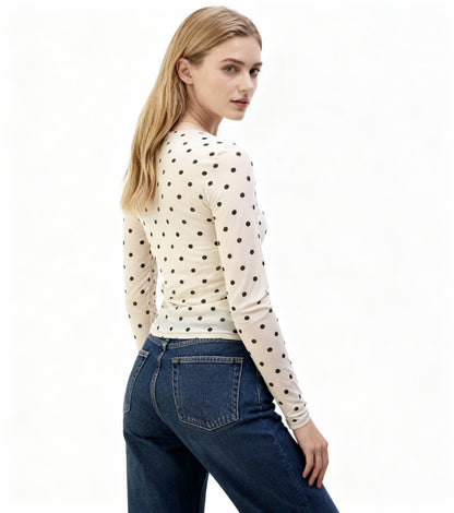 Cherie Code Women’s Polka Dot Mesh Top – Sheer Long Sleeve Stretch Tee