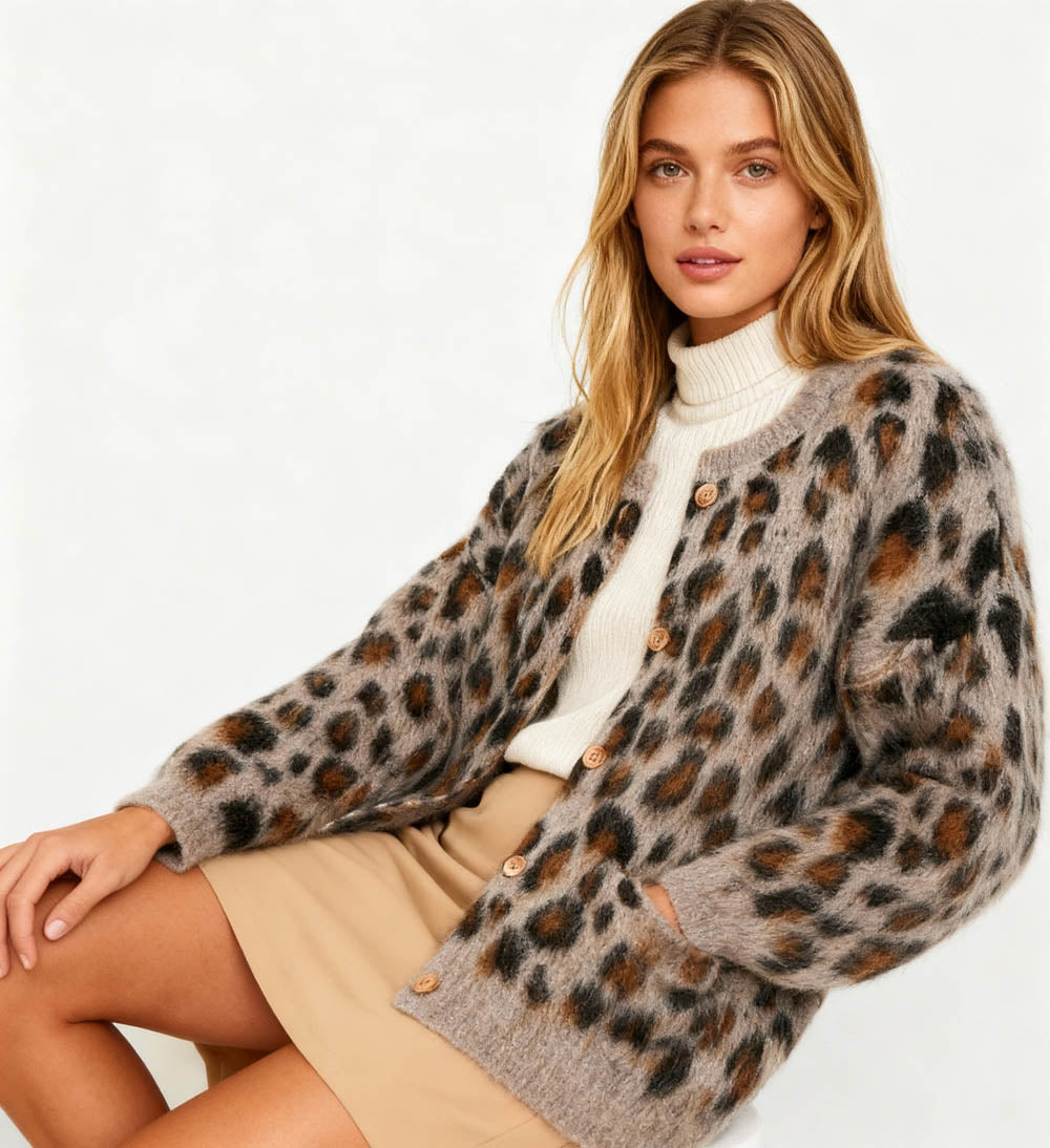 Cherie Code Women’s Leopard Print Knit Cardigan – Button‑Front Round Neck Sweater with Pockets