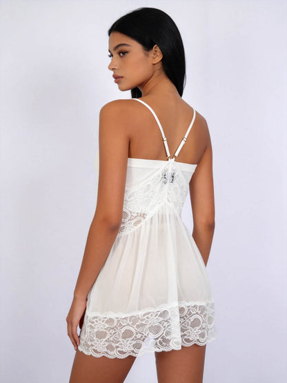 Women's Sheer Lace Babydoll Mini Dress – Spaghetti Strap Mesh Slip Nightgown, Romantic Sleeveless Lounge Sleepwear