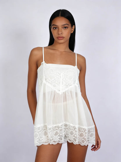 Women's Sheer Lace Babydoll Mini Dress – Spaghetti Strap Mesh Slip Nightgown, Romantic Sleeveless Lounge Sleepwear