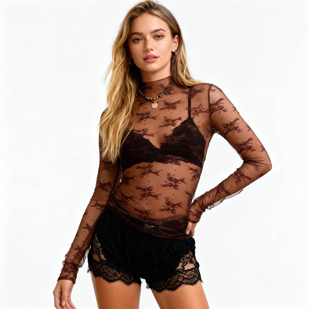Women's Floral Lace Slim-Fit Top – Sheer Stretch Tee with Baby Overlock Edge Cherie Code