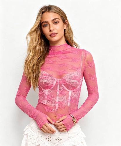 Women's Floral Lace Slim-Fit Top – Sheer Stretch Tee with Baby Overlock Edge Cherie Code