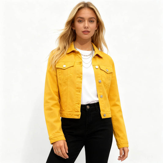 Women's Solid Color Denim Jacket with Pockets – Long Sleeve Button Front Casual Outerwear by Cherie Code