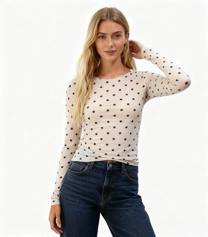 Cherie Code Women’s Polka Dot Mesh Top – Sheer Long Sleeve Stretch Tee
