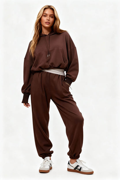 Cherie Code Women’s Brown Velour‑Lined Hoodie & Jogger Set – Pullover Hooded Sweatshirt with Elastic Waist Pants