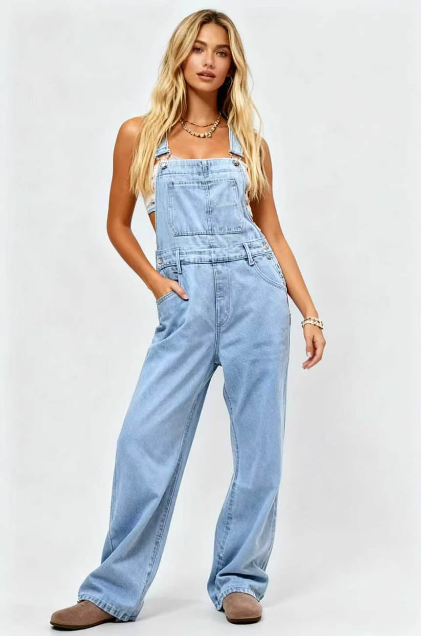 Women's Classic Denim Overalls – Relaxed Fit with Tapered Legs