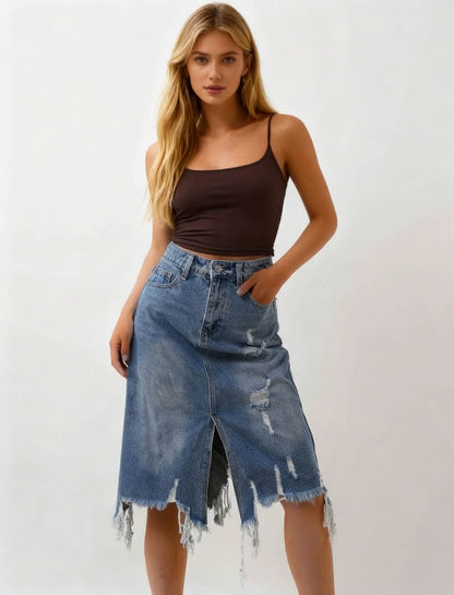 Women's Classic Distressed Denim Midi Skirt - Button & Zip Closure with Functional Pockets Cherie Code