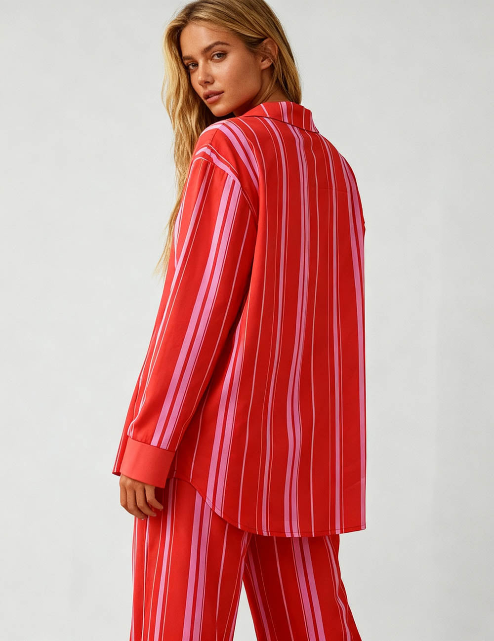 Cherie Code Women’s Striped Color‑Block Lounge Set – Button‑Front Shirt & Elastic‑Waist Wide‑Leg Pants