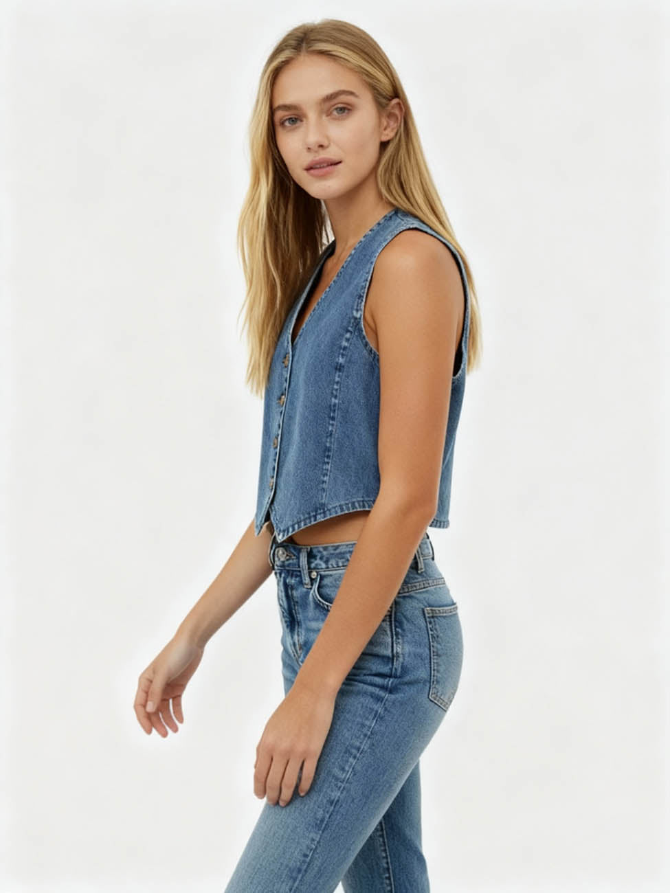 Women's Denim Sleeveless Vest - Classic Button-Up V-Neck Top Cherie Code