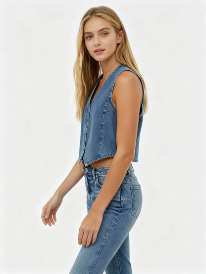 Women's Denim Sleeveless Vest - Classic Button-Up V-Neck Top Cherie Code
