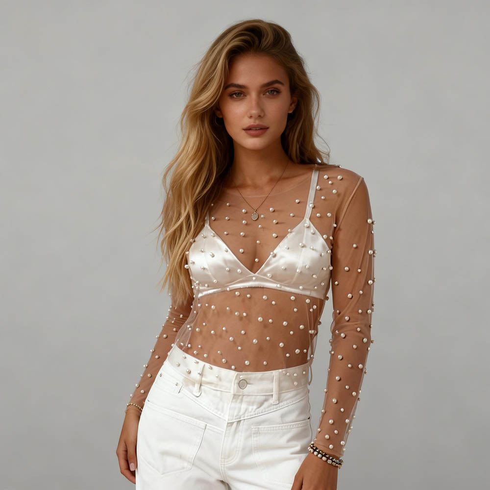 Chic Long Sleeve Sheer Top with Pearl Details - Non-Stretch Polyamide Layering Essential Cherie Code