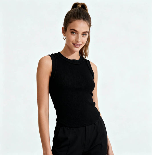 Women's Slim Fit Ribbed Tank Top – Sleeveless Stretch Cotton Crew Neck by Cherie Code
