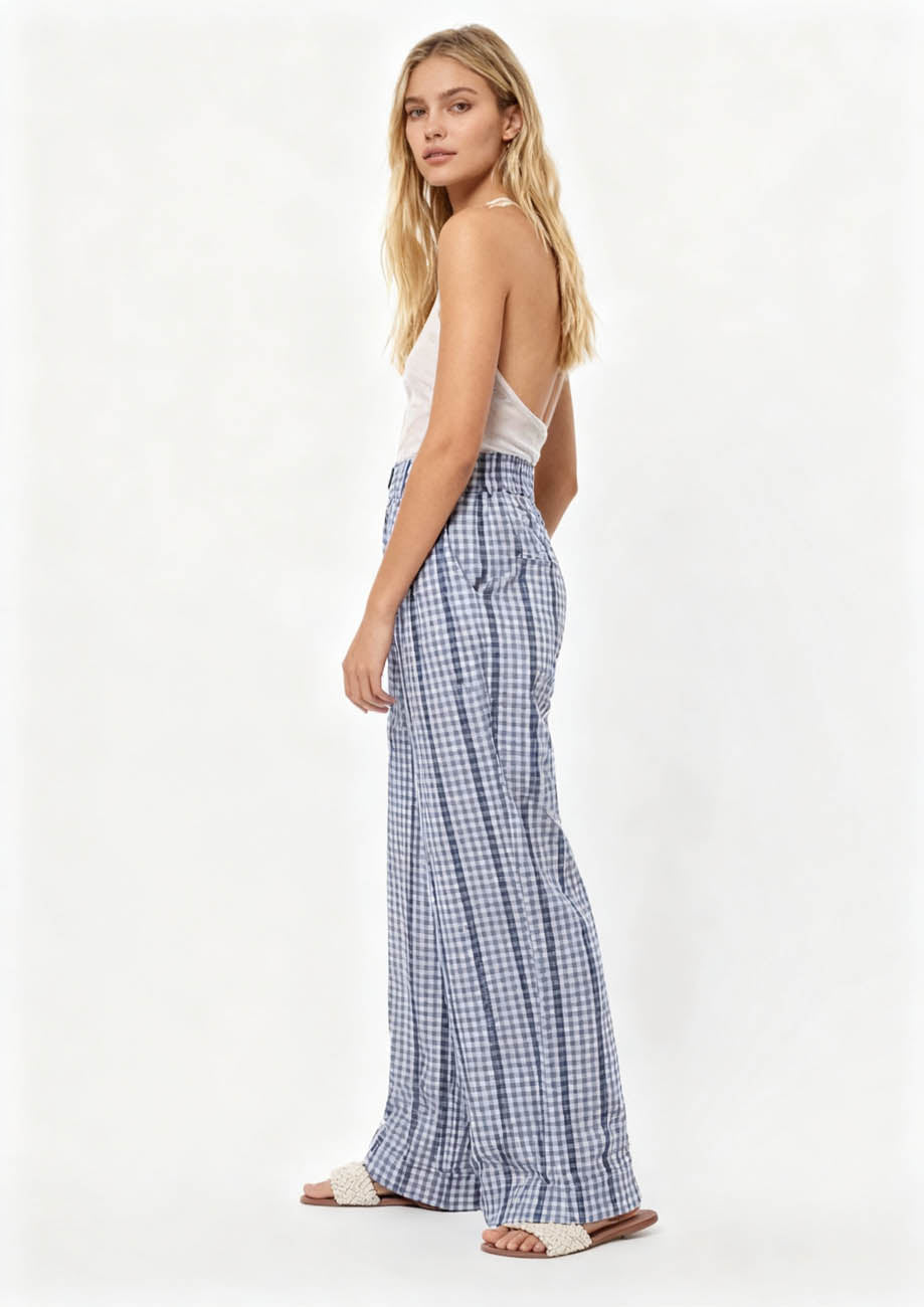 Cherie Code Women’s Wide Leg Checkered Pants - Casual Cotton Blend Trousers with Elastic Waist and Pockets