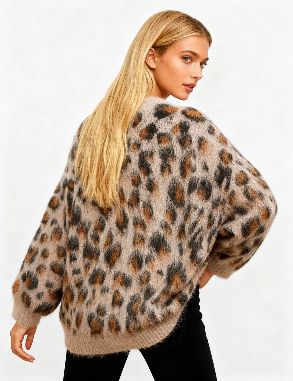 Cherie Code Women’s Leopard Print Knit Cardigan – Button‑Front Round Neck Sweater with Pockets