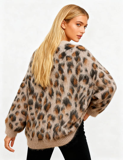 Cherie Code Women’s Leopard Print Knit Cardigan – Button‑Front Round Neck Sweater with Pockets
