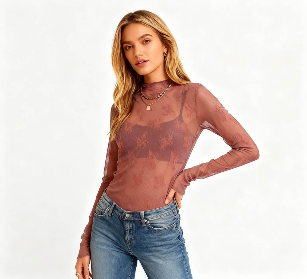 Women's Floral Lace Slim-Fit Top – Sheer Stretch Tee with Baby Overlock Edge Cherie Code